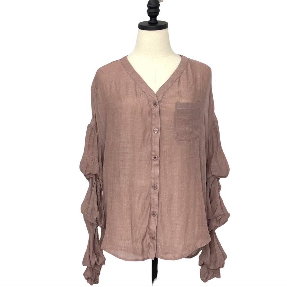 Listicle Long-sleeve V-neck Top Button Front Puff Sleeves Muted Pink Size Small